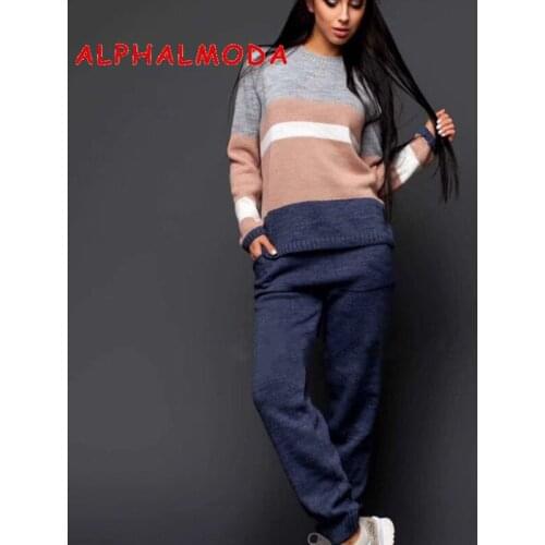ALPHALMODA Ensemble Femme 2 pieces Pantalon Striped Long-sleeved Jumper + Trousers Female Knitting Sets