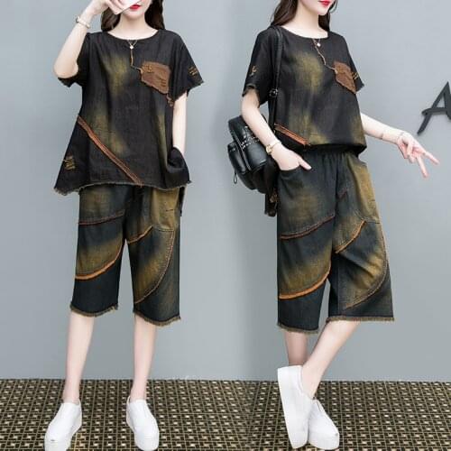 4XL Plus Size Womens Summer Suit Fashion Retro Irregular Burrs Casual T-shirt & Five Points Wide-leg Jeans 2 Pcs Sets Clothing