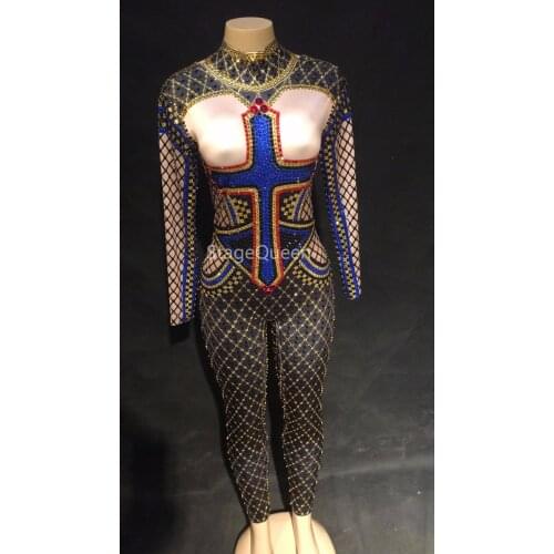 Women Sexy Stage Jumpsuit Blue Sparkle Crystals Bodysuit Nightclub Birthday Party Performanc Stage Wear Bling Dance Costumes DJ
