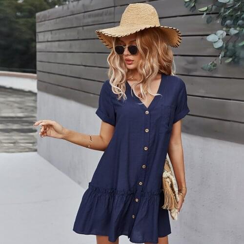 Women’s Summer Short Sleeve Dresses Sexy Deep V Neck Fashion Ruffle Button Blue Woman Dress 2021 Ladies Beach Casual Dress Femme