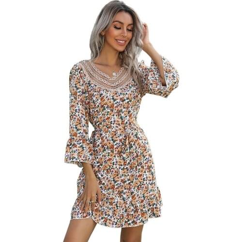 Fashion Hot-Selling Womens 2021 Spring New High Quality Cheap Horn Nine-Point Sleeve Printing V-Neck Stitching Lace Dress