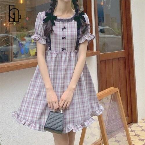 Luck A Kawaii Purple Plaid Dress Women Vintage Sweet Ruffle Short-sleeved Dress College Style Cute Holiday Lace Midi Dress New
