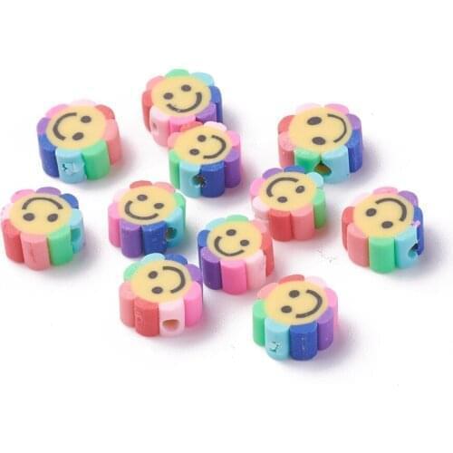 1000pcs Handmade Polymer Clay Beads Flower with Smile Face for DIY Jewelry Making Bracelet Accessories 9~10.5*4.5mm Hole 1.6mm