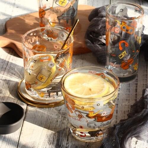 2Pcs Personality Doodle Glass Cup Cartoon Music Piano Printed Coffee Mug Heat-resistant Milk Juice Cup Home Office Drinkware Gif