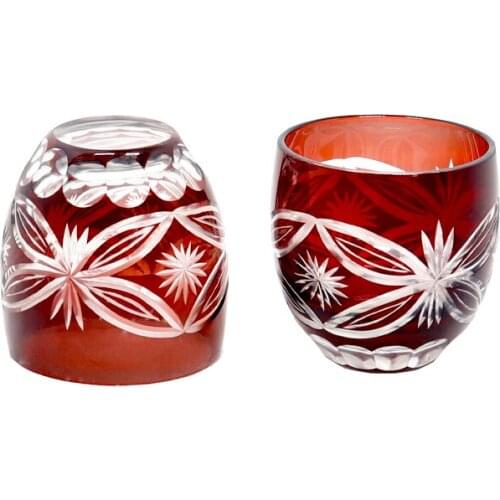 Japanese Edo Kiriko 50ml Red Shot Glasses Shochu Sake Glass Cup Handcraft Set of 2 pieces