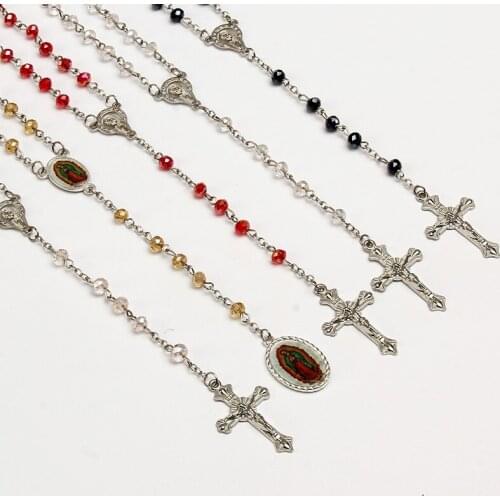 6 mm Catholic handmade crystal beaded rosary necklace, Virgin Mary center rosary necklace Jesus pendant necklace .48 pieces