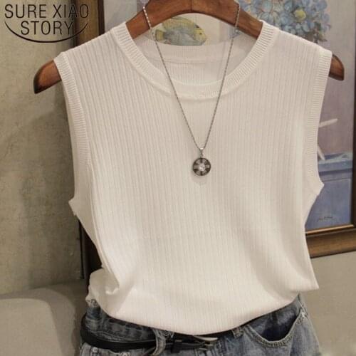 Summer New Solid Color Knitted Vest Womens Wide Shoulder Strap Round Neck Joker Thin Sleeveless Ice Silk Womens Shirt 4588 50