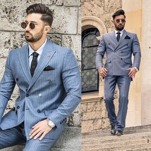 Haze Blue Men Suits Two Pieces Peaked Lapel Mens suit Stripe Browm Cuotom Made Wedding Tuxedos