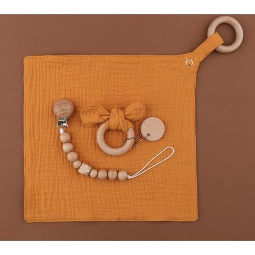 Customized Baby Health Care Set Wooden Ring Infant Baby Teether Toys Newborn Saliva Towel Pacifier Clips Chain Kids Accessories