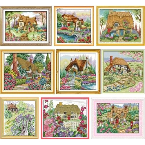 A Country Cabin Cross Stitch Kits Stamped DMC Print 11CT 14CT Counted Fabric Printing Craft Set Embroidery Needlework Thread Set