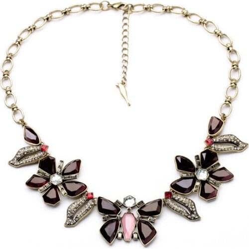 Bulk Price New 2014 Winter Style Shiny Gold Color Resin Glass Flower Butterfly Red Necklace