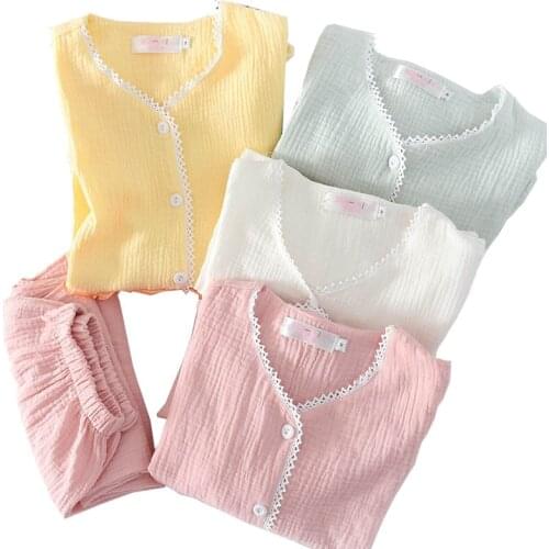 2020 Autumn New Simple Style Pajama Set Solid Color V-Neck Cute Lace Sleepwear 100% Gauze Cotton Full Sleeve+Pants 2Pcs Homewear