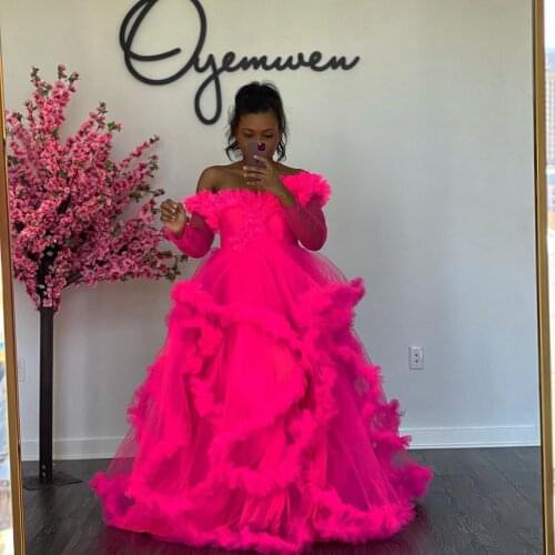 Fucshia Puffy Tulle Dressing Gowns For Party Photo Shoot Long Sleeves Ruffles Pleated Plus Size Women Maternity Dresses