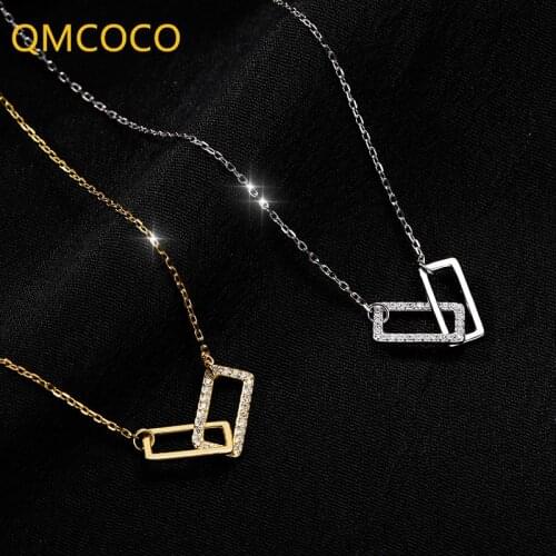 QMCOCO 925 Silver Square Interlocking Necklace For Women Shiny Zircon Geometric Clavicle Chain Woman Simple Trendy Jewelry