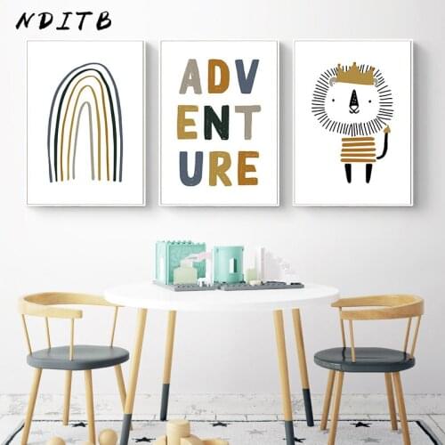 Nordic Child Cartoon Canvas Poster Animal Lion Art Painting Rainbow Wall Print Nursery Quotes Picture Modern Kid Boy Room Decor