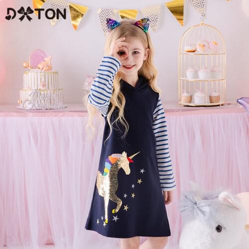 DXTON Hoodies Girls Dress Winter Hooded Thick Warm Clothing Long Sleeve Unicorn Dresses For Girls Star Cartoon Stripe Dress 3-8Y