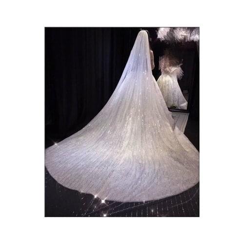 Gorgeous sequins 3.5 m 4 m long wedding veil 1 layer church veil with comb wedding accessories velos de novia largos