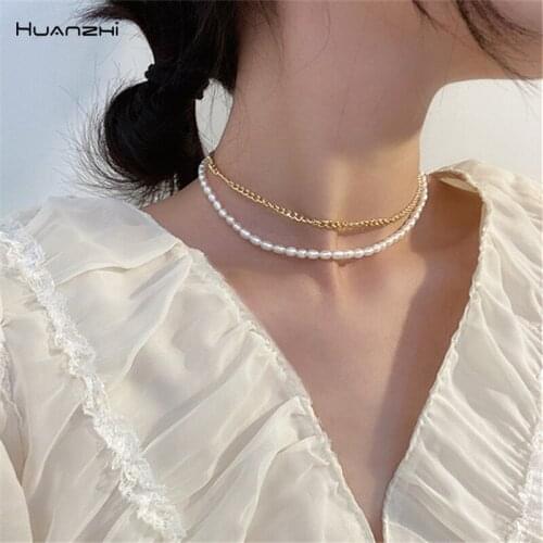HUANZHI 2020 Vintage Natural Freshwater Pearl Necklace Metal Chain Double-Layer Necklace for Women Girls Party Jewelry