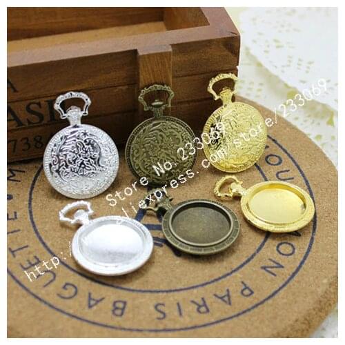 10pcs/lot vintage metal alloy Three color pocket watch round cabochon base pendant blanks settin 20mm Metal Jewelry Blanks T0037
