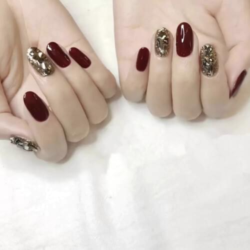 Vintage wine red pure color with full diamond 3d decorated fake nails Japanese cute short size false nails aldy full nail tips
