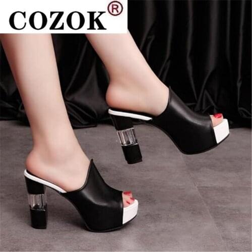 Ladies Leather Sole Slippers Women Sexy High Heel Mules Clogs Black Peep Toe Platform Mules Emal Slip on Sandals Shoes