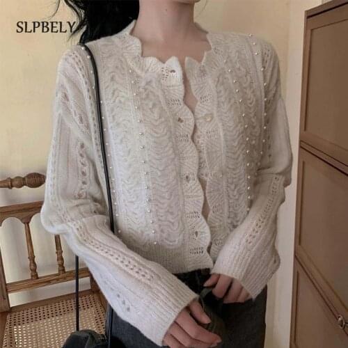 SLPBELY Vintage Chic Pearl Button Knitted Cardigans Women Round Neck Hollow Out Simple Korea Design Sweater Spring Knit Jacket