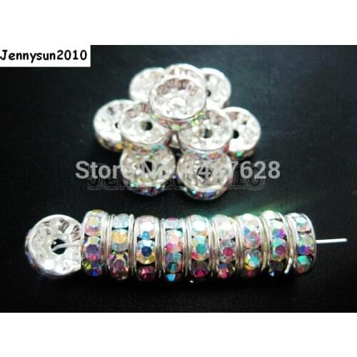 200pcs/lot 4mm Top Quality Czech Crystal Clear AB Rhinestone Pave Rondelle Metal Silver Plated Spacer Loose Beads Jewelry Making