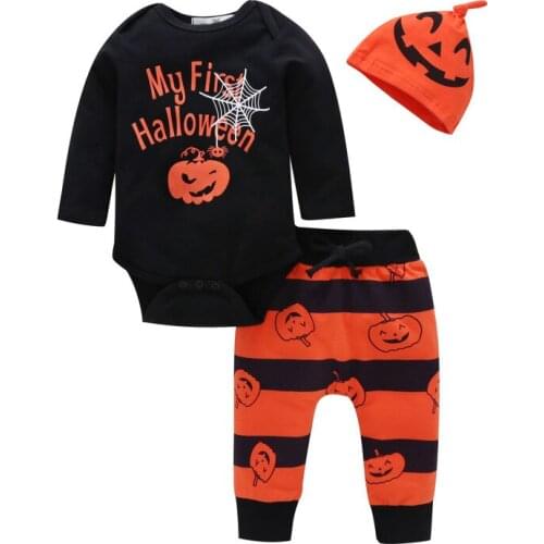 2020 Cotton Baby Boy Clothes Unisex 3PCS Bodysuits+Pants+Hats Baby Halloween Sets Pumpkin Baby Girl Clothes Print Full Sleeve