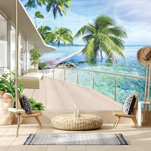Balcony Sea View 3d Wallpapers for Living Room Non Woven Textured Walls Paper In Rolls Beach Palm Tree Cabinet Murals Stickers