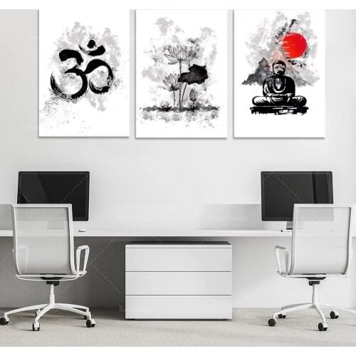Watercolor art prints, 3-piece set, yoga art, buddha wall art, lotus, meditation art, spiritual art, Zen art, black and white pr