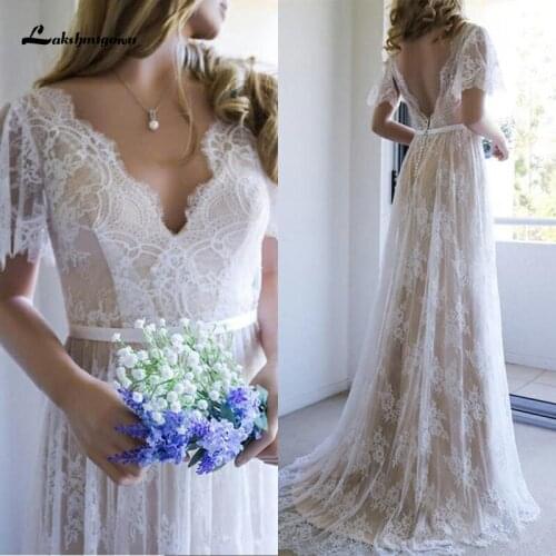Boho Wedding Dress vestido de noiva Lace Beach Wedding Party Dress Short Sleeves robe de mariee Bridal Wedding Gowns Plus Size