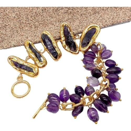 YYGEM Natural Amethyst Rough With Gold Filled Asymmetric freeform Wrap strand Bracelet 8" bracelet for women