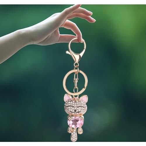 6 Colors Lucky Smile Cat Keychain Fashion Rhinestone Key Ring Car Purse Bag Key-chains Holder Jewelry Accessory Christmas Gift