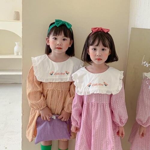 Baby girls clothes autumn dress kids Large lapel embroidery girls cotton long sleeve loose dress