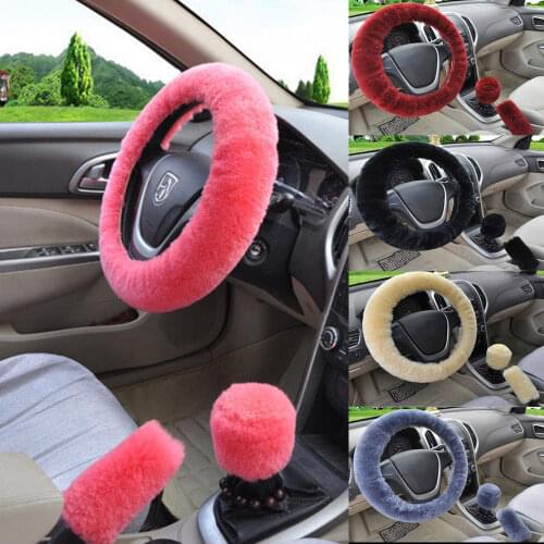 3Pcs Soft Plush Spring Steering Wheel Cover Kit With Stop Lever+Hand Brake Wool Cover Winter Warm Auto Car Interior Accessory