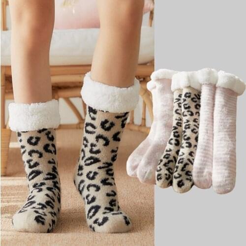 Leopard Floor Socks Women Autumn Winter Mid-Calf Room Home Sleep Slippers Foot Sock Fleece Thick Warm Floor Tube Socks