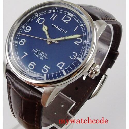 41mm corgeut blue dial miyota 8215 movement mens watch mechanical automatic men wristwatch luminous hands leather strap