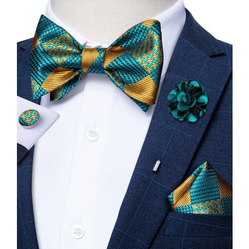 Mens Tie Set Bow Tie Brooch Pin Set Fashion Green Gold Plaid Wedding Party Butterfly Bowknot Cravat Gravata Gift For Men DiBanGu