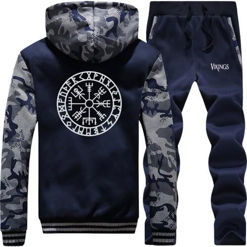 Odin Vikings Thick Hoodies Sweatshirt+Pants 2 Piece Sets Fleece Winter Fashion Street Jacket+Trousers Suit Men Hip Hop Tracksuit