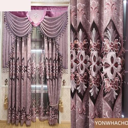 Custom curtains Luxury European living room semi-shading embroidered purple cloth blackout curtain valance tulle panel C004