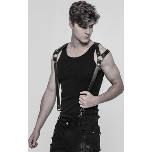 PUNKRAVE Mens Punk Pants Shoulder Strap Accessories Heavy Metal Punk Hard PU Adjustable Button Hooks Pants Shoulder Strap