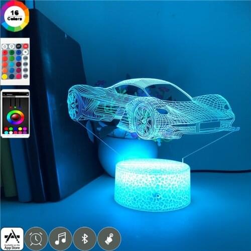 Smart Night Light LED Acrylic 3D Illusion Kids Super Sports Car Nightlight with Lava Base Color Change with Remote Control Lamp