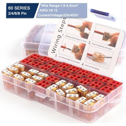 Boxed Push-in Wire Connector 1.5-4.0MM2 32A/400V 16-12AWG 2/4/6/8 Pin Conductor Universal Wiring Terminal Block For Junction Box