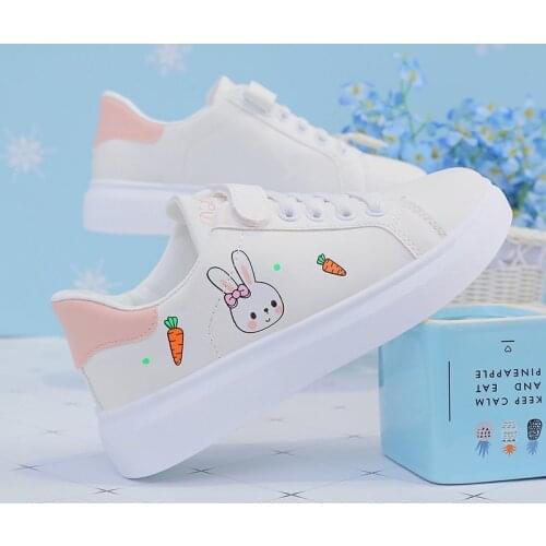 Spring Fashion White Flats Sneaker Shoes Woman Cute Bunny Casual Lace-Up Flat Cross-Strap Student Sneaker Zapatos De Mujer