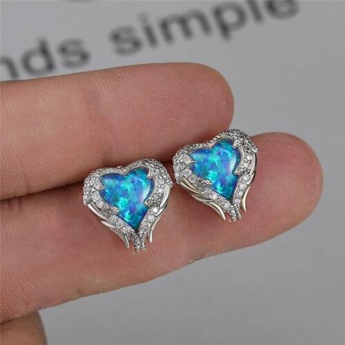 White Blue Fire Opal Angel Wings Stud Earrings For Women Antique Jewelry The Heart of the Ocean Birthstone Earrings Wedding Gift