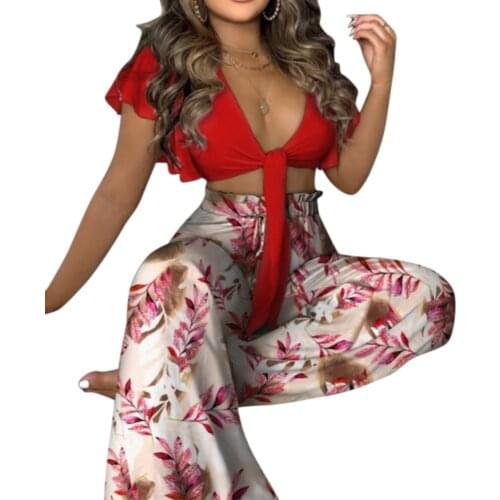 Summer Sexy Ruffles Sleeve Crop Tops + Floral Print Flare Sweatpants Suits Fashion Casual Outfits Pants Women Two Piece Sets D30
