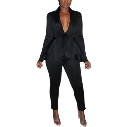 Women Long Sleeve Solid Color Blazer Outfits Breathable Formal Suits Ladies V-neck Layered Ruffle Hem Tops Ankle-length Pants