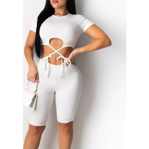 Summer Casual Tracksuit Women Bandage Hollow Out Short Sleeve Crop Top&Biker Shorts Set Elastic Sporty Two Piece Streetwear Outf