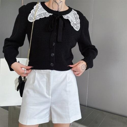 Women Sweater 2021 Early Autumn Lace Peter Pan Collar Sweater Black and Purple Two-color Long-sleeved Pullover Tie Bow Top