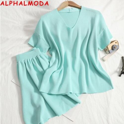 ALPHALMODA 2021 Summer V-neck Pullover Short-sleeved Knitted Jumper + A-line Shorts Women 2pcs Casual Clothes Set